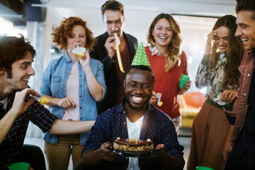Young and diverse group of people celebrating a surprise birthday party in the office of a startup company