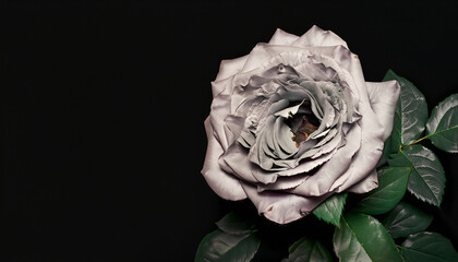 isolated black rose in black background with copy space