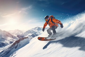Fototapeta na wymiar Young man snowboarder running down the slope in Alpine mountains