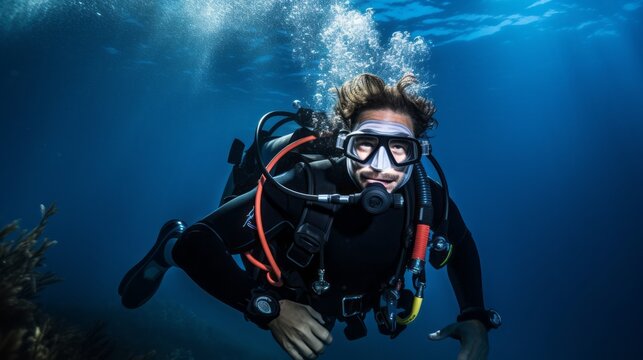 Thrills of the Deep: Adventurous Male Scuba Diver with Gear on Deep-Sea Blue Background © danter