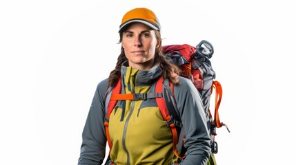 Fototapeta premium Scaling New Heights: Experienced Female Climber with Mountaineering Gear on White Background