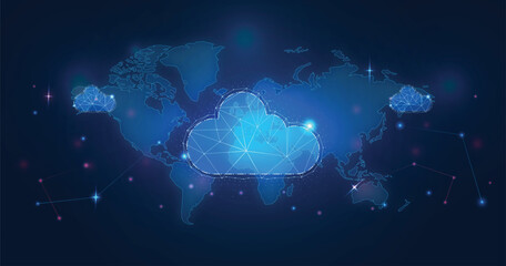 Cloud computing technology concept. Polygonal world map on dark blue background.