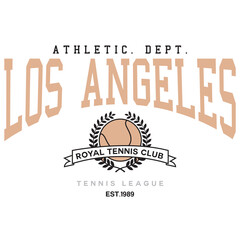 Los Angeles Royal Tennis Club school varsity slogan typography for t-shirt. College LA slogan tee shirt, sport apparel print. Vintage graphics. Vector illustration.