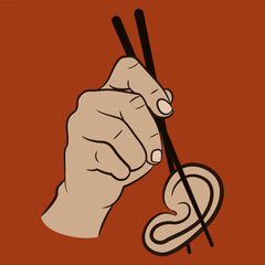 Human hand holding a human ear with chopsticks. Creative design. Cannibalism or gossip. 