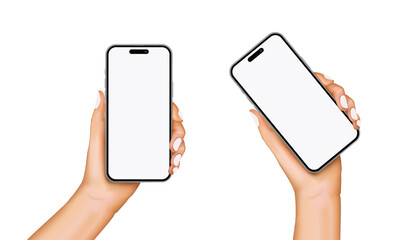 A woman's hand holds the smartphone with a blank screen and a modern frameless design, positioned both at an angle and vertically on a white background. Vector.