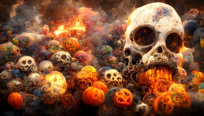 thousands of many evil exploding screaming skulls grey fiery smoke Jackolantern skulls ornate explosions tentacles swirling ultra colorful bubbles glowing hot embers many intricate details bubbles 