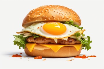 beef egg burger with beef patty, fried egg, lettuce and cheddar cheese on white background
