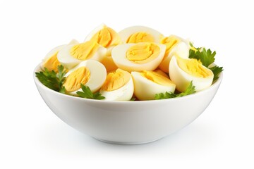 white bowl of egg salad on white - obrazy, fototapety, plakaty
