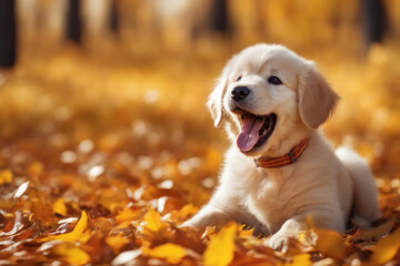 golden retriever puppy in autumn park - obrazy, fototapety, plakaty