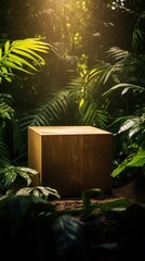 A wooden cube sitting on top of a mossy forest