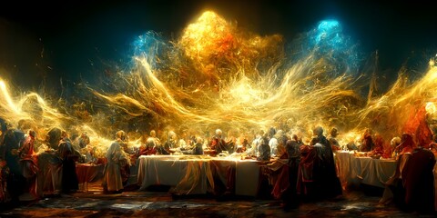 An explosion chiaroscuro wind movement last supper linear perspective 13 apostles gold copper silver metal high renaissance psychedelic fractal vermillion ultramarine 8k realistic warm colors full  - obrazy, fototapety, plakaty