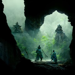 samurai fighting samuraibigfoot in a cave ancient ruin green accents blue accents hyper detailed hyper realistic matte painting 8k 
