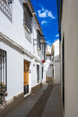 Fototapeta na wymiar Vertical View of a Traditional Andalusian Alleyway in Cordoba's Jewish Quarter, Spain