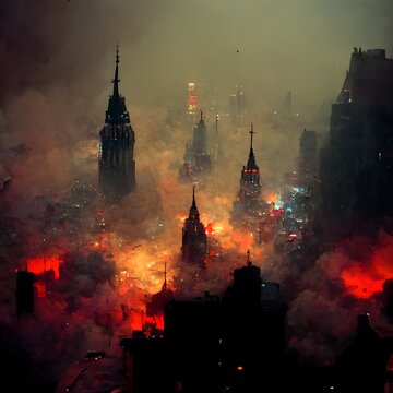 city from the sky attacking new york city tragic scene at night zeppelin burning city dark smoke air ship dark colors grim octane rendered detailed 