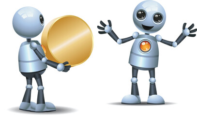 3D illustration of a little robot give coin to other robot on isolated white background