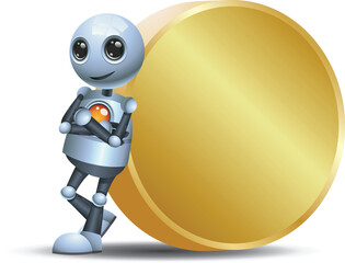 3D illustration of a little robot lean on big coin on isolated white background