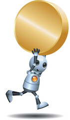 3D illustration of a little robot running carry golden coin on isolated white background