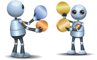 3D illustration of two little robot exchange coins on isolated white background