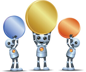 3D illustration of three little robot  hold coin on isolated white background
