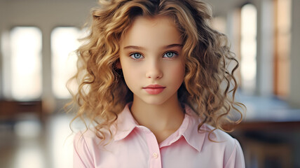 Young girl with curly hair. Generative AI.