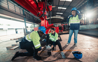 Fototapeta premium A female robotic technician's leg was injured at factory. Needs quick aid and coworker help.