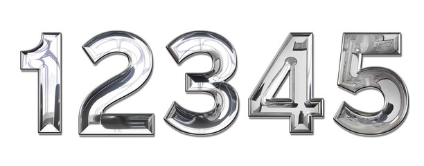 realistic silver chrome metal numbers 1-5 transparent PNG file - obrazy, fototapety, plakaty
