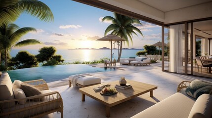 Fototapeta na wymiar a beachfront villa with panoramic ocean views, outdoor lounges, and luxury in paradise