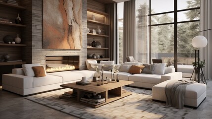 a contemporary living room with sleek furniture, neutral tones, and a cozy atmosphere
