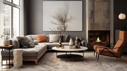 a contemporary living room with sleek furniture, neutral tones, and a cozy atmosphere