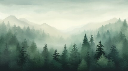 a gradient background resembling the tranquil colors of a misty forest, with soft greens and grays