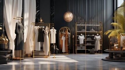a high-end fashion boutique with designer clothing racks, runway displays, and gold accents
