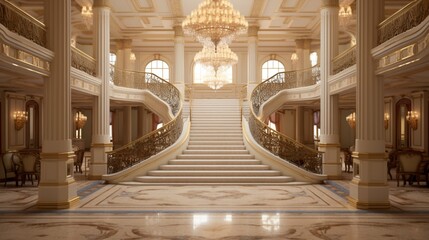 a lavish ballroom with crystal chandeliers, ornate columns, and a grand staircase - Powered by Adobe