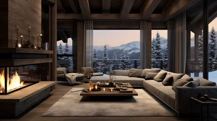 Foto op Canvas a luxurious ski chalet with a roaring fireplace, fur throws, and alpine views © DESIRED_PIC