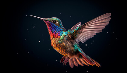 Naklejka premium Hummingbird flying, feather iridescent, beak spread wings, hovering mid air generated by AI