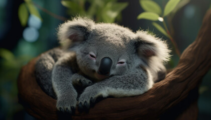 Obraz premium Sleeping koala on eucalyptus tree, cute marsupial in tranquil forest generated by AI