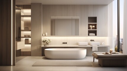 Fototapeta na wymiar a minimalist bathroom with clean design, neutral tones, and a spa-like ambiance