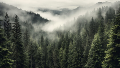 Tranquil scene of a mountain range, fog, and coniferous trees generated by AI