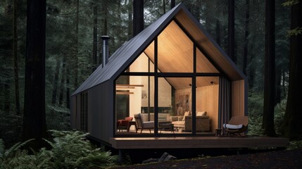 a minimalist forest cabin with essential furnishings, serene simplicity, and a connection to nature