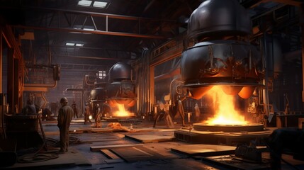 a modern foundry with molten metal, industrial furnaces, and skilled workers in protective gear