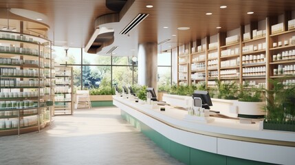 a modern pharmacy with a well-stocked dispensary, pharmacists, and prescription services