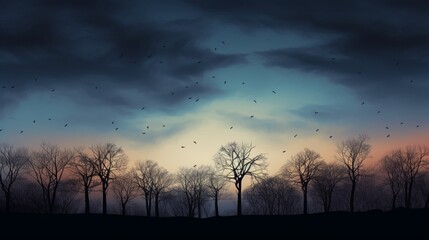 a moody sky at dusk with silhouetted trees and fading light