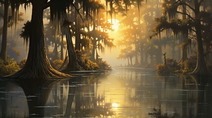a serene bayou with cypress trees, Spanish moss, and reflections in still waters - obrazy, fototapety, plakaty