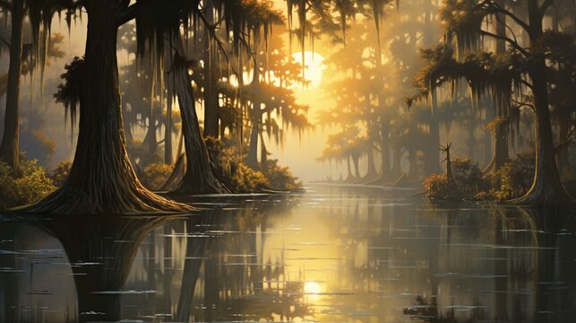 a serene bayou with cypress trees, Spanish moss, and reflections in still waters