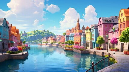 a serene riverfront town with colorful buildings, bridges, and reflections in the water