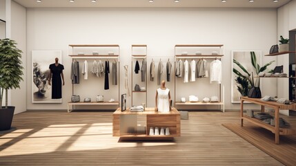 a stylish retail boutique with minimalist displays, designer fashion, and a trendy shopping experience
