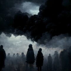 Dark silhouettes of refugees during the war cloudy tragedy epic scene high detail octane render hyper detailed dark light cyber punk photo realistic 8k hd hhd 