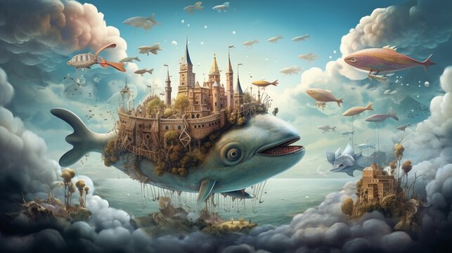 a surreal sky with floating islands and fantastical creatures in flight