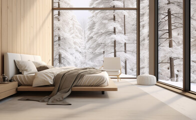 Modern design of a spacious, bright bedroom with panoramic windows and views of the winter forest.