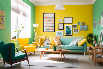 Modern bright living room with yellow and green walls