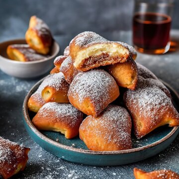 Sweet beignets concept food dessert powder sugar